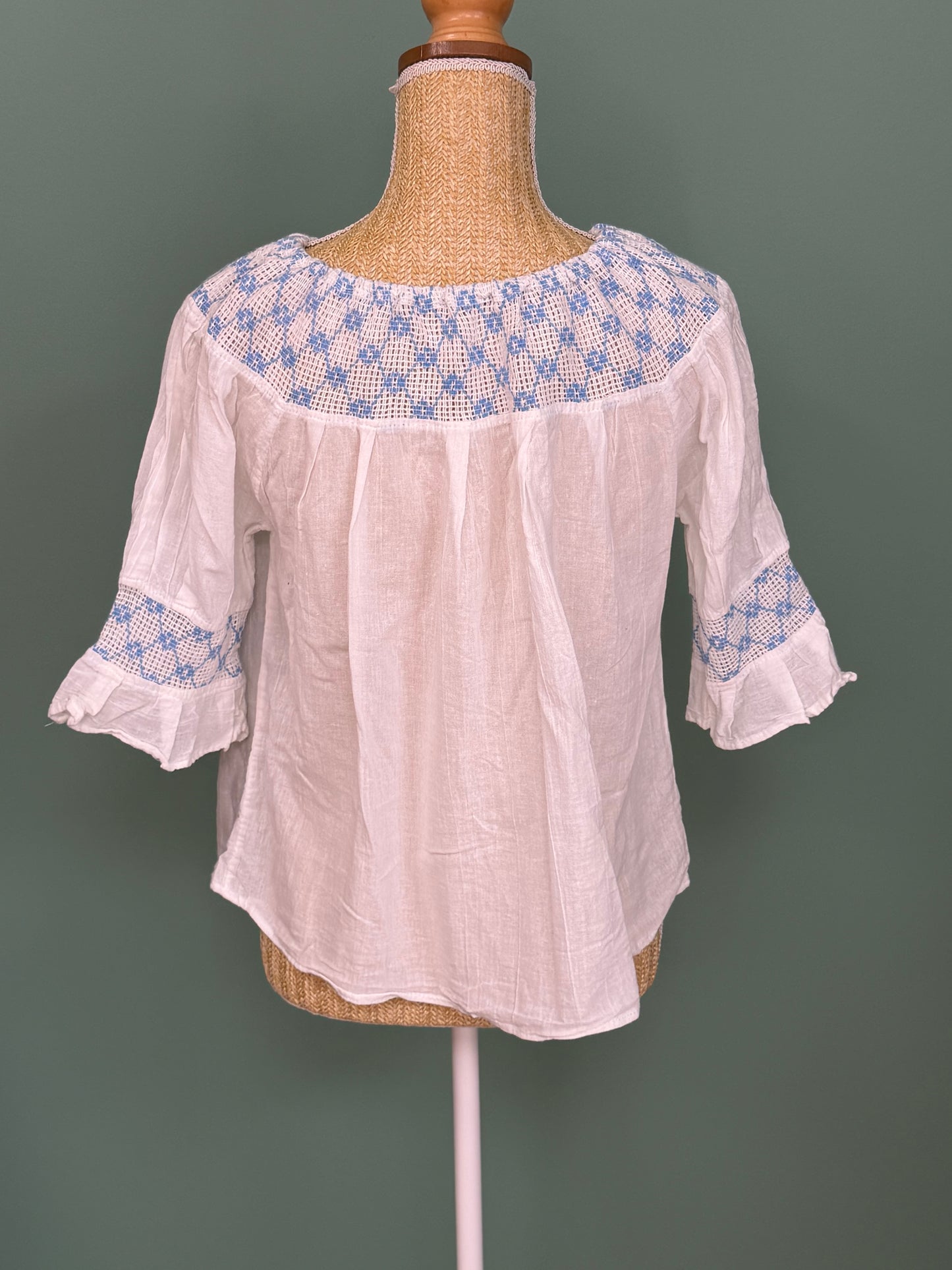 Blouse blanche brodée bleu style bohème femme L