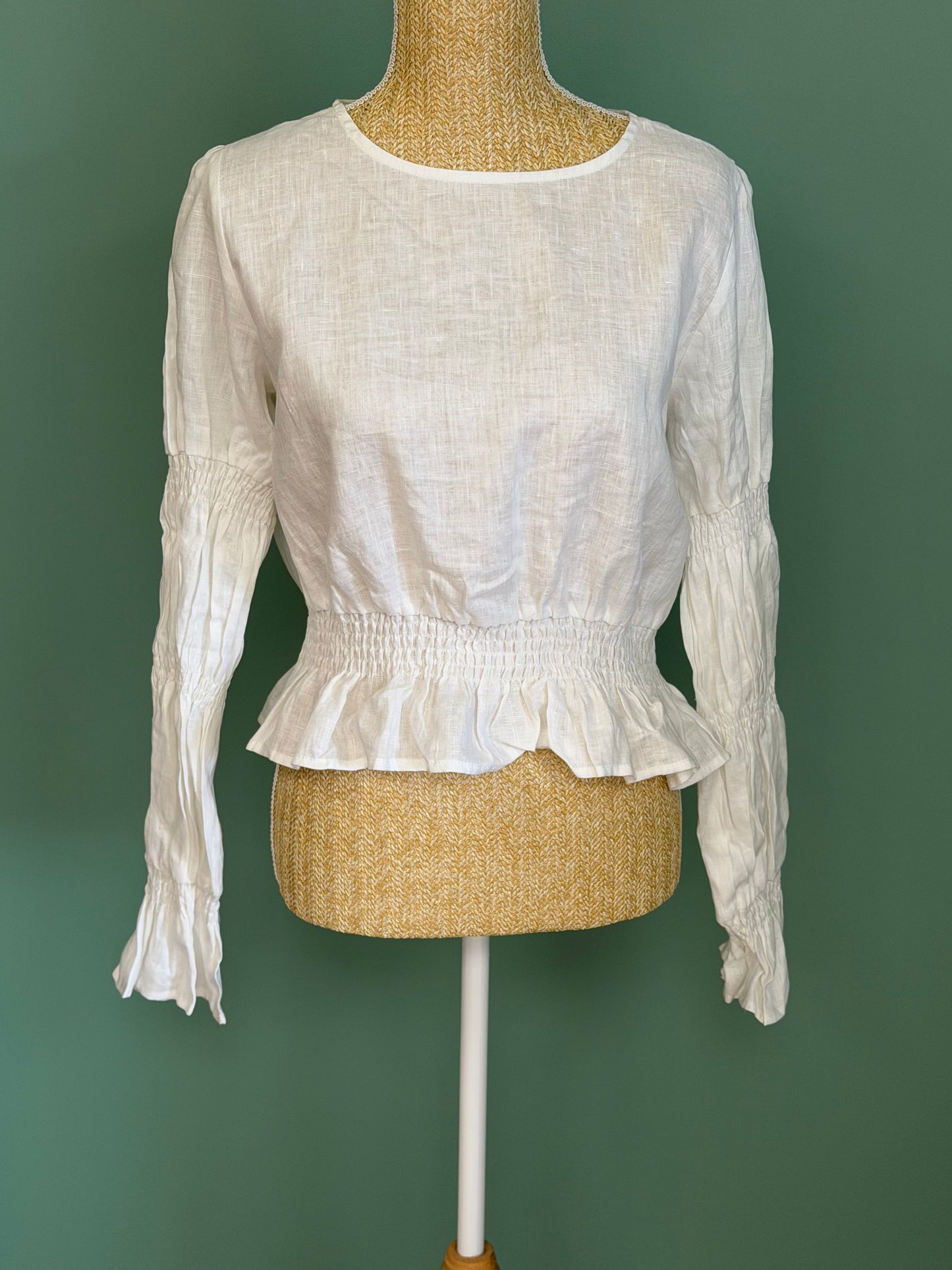 Blouse blanche en lin à taille smockée femme L