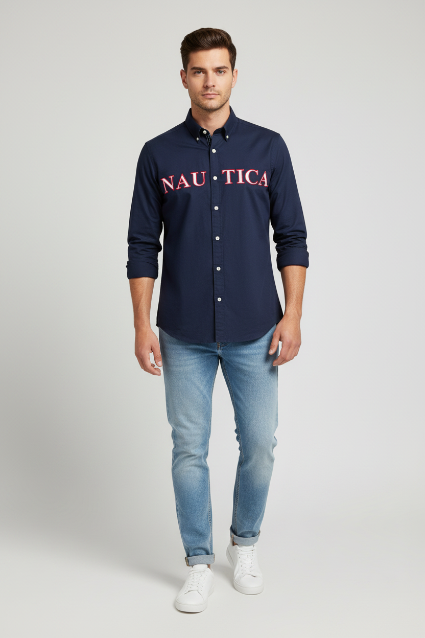 Chemise Nautica bleu marine logo brodé