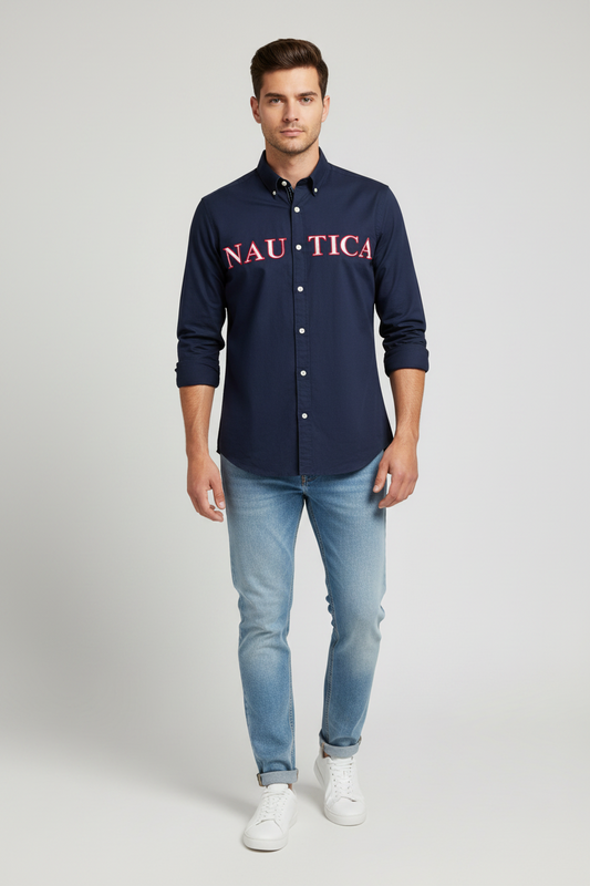 Chemise Nautica bleu marine logo brodé