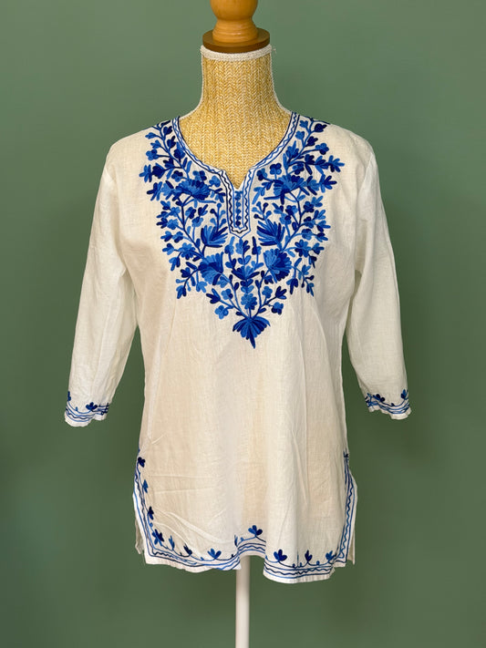 Tunique blanche brodée bleue femme taille L