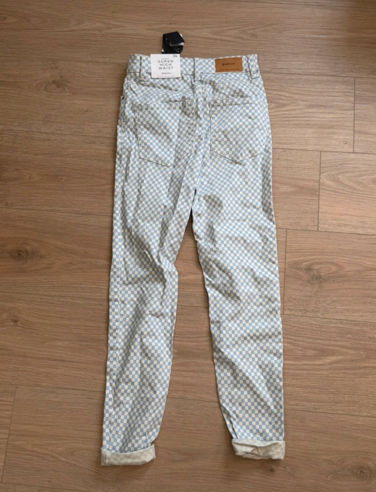 Jean Stradivarius Super High Waist vichy bleu & blanc - Taille 36