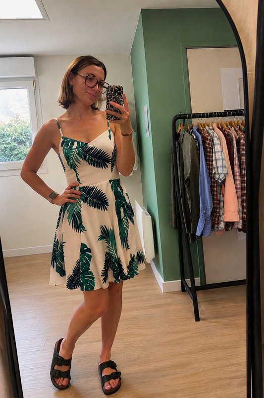 Robe tropicale feuillage vert & blanc à fines bretelles  ´- Taille M