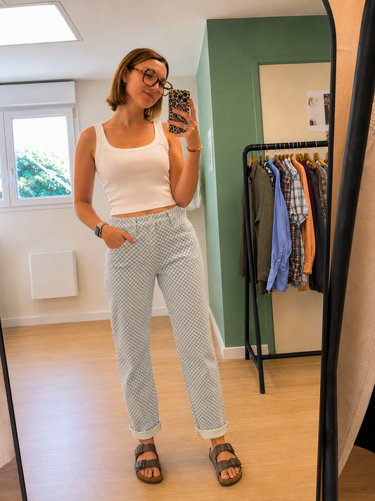 Jean Stradivarius Super High Waist vichy bleu & blanc - Taille 36