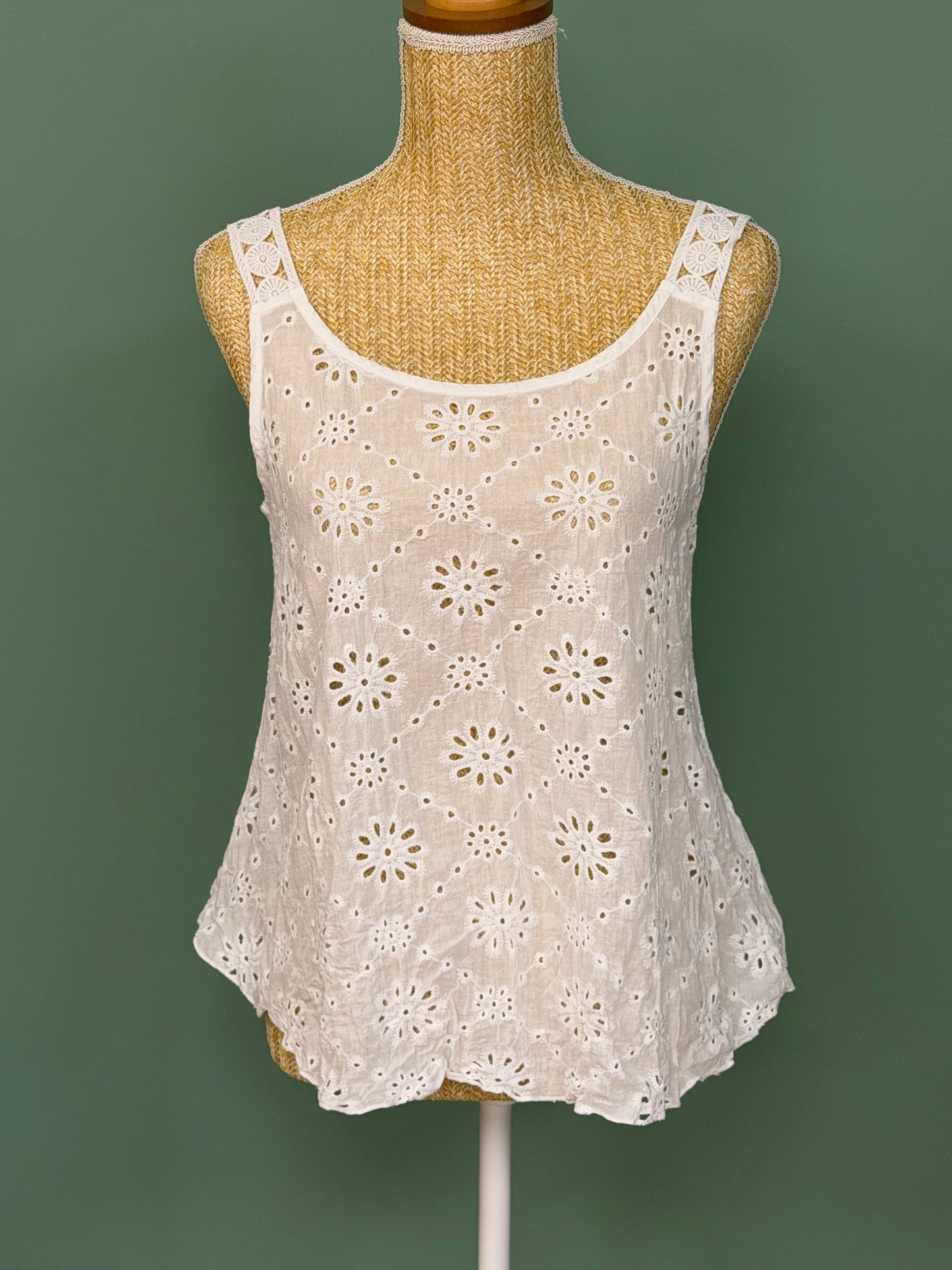 Débardeur en broderie anglaise blanc à bretelles ajourées – Taille M