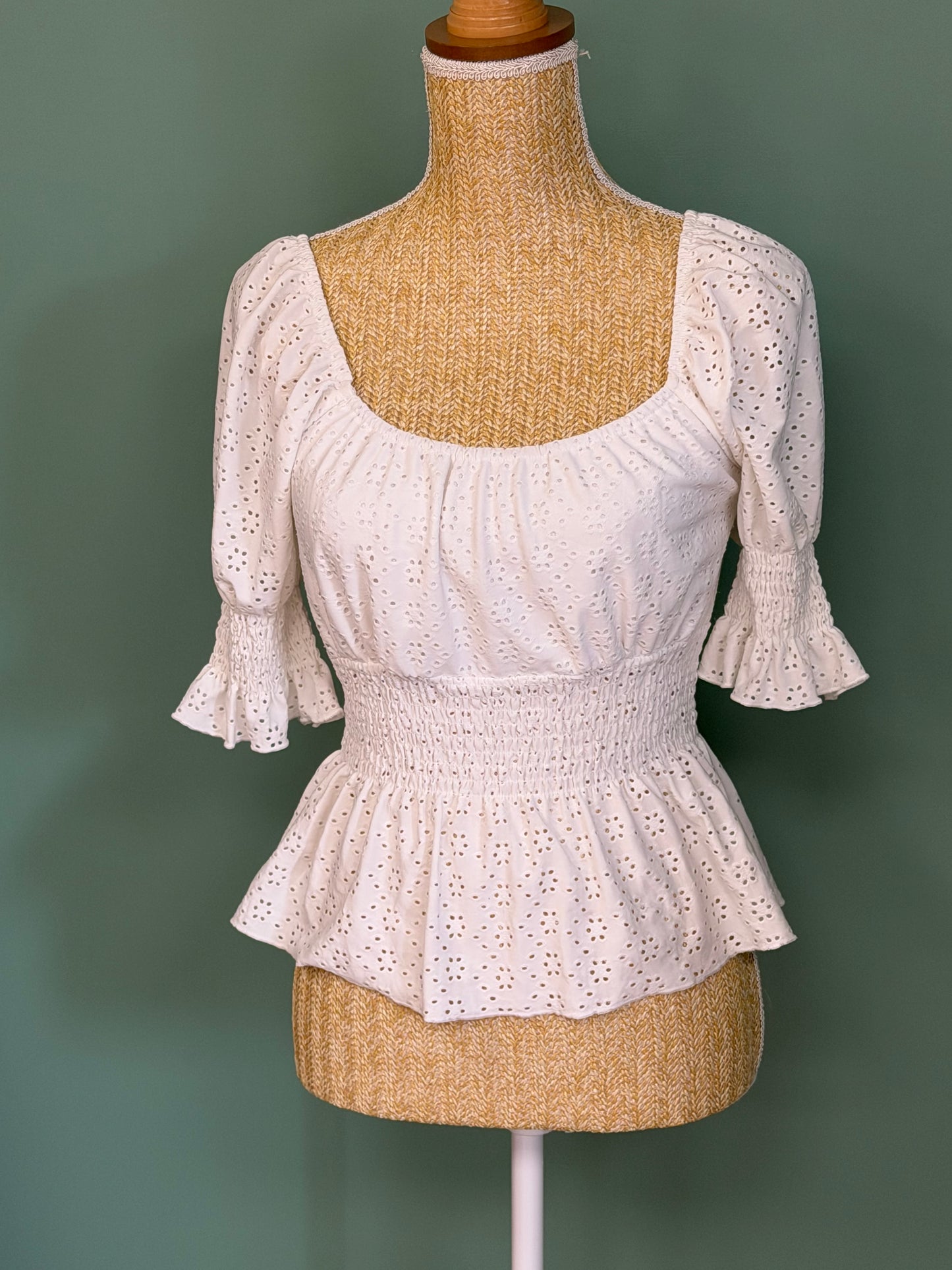 Blouse blanche en broderie anglaise à smocks femme S