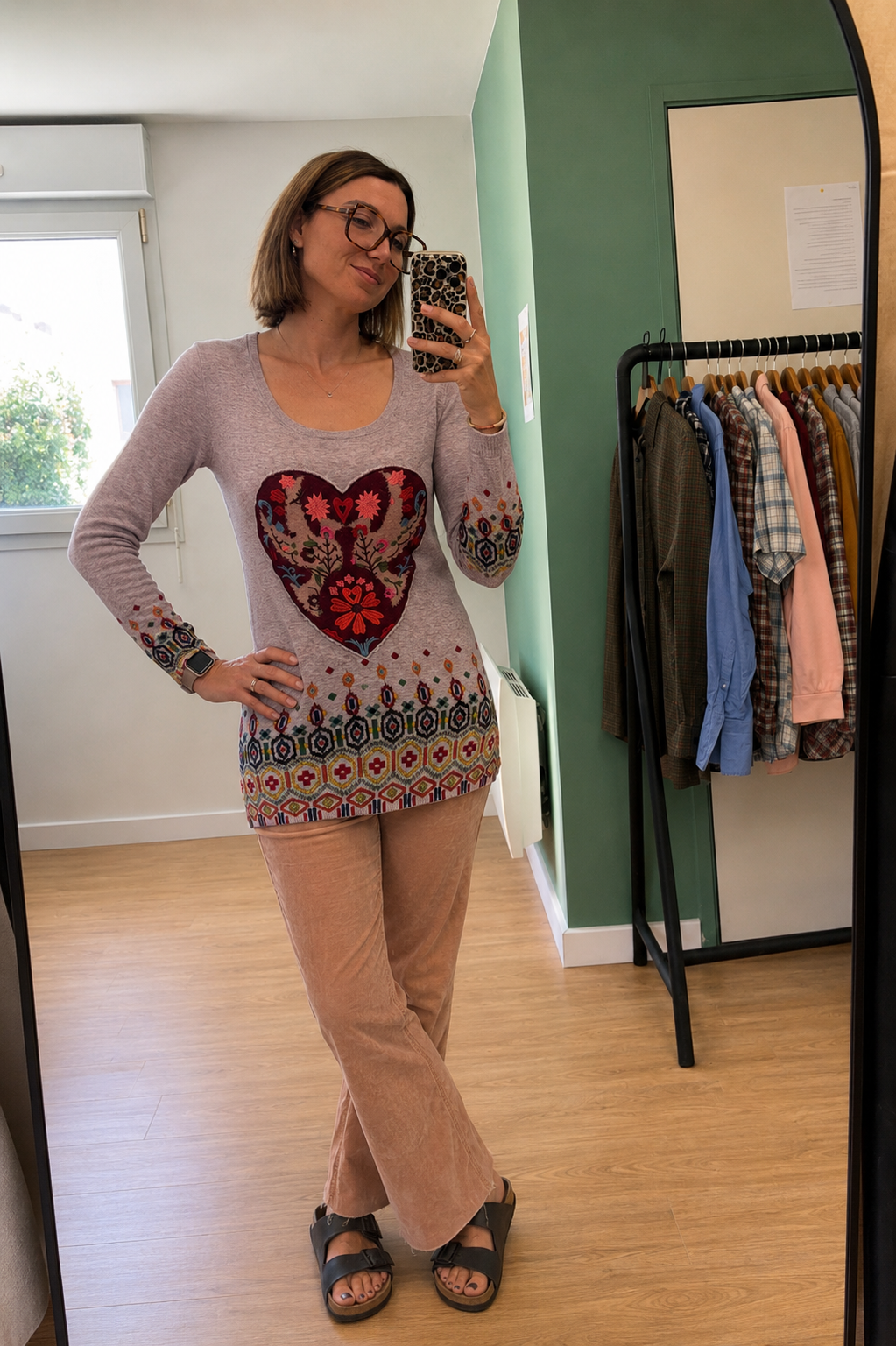 Pull Long Desigual gris chiné motif cœur fleuri - Taille M