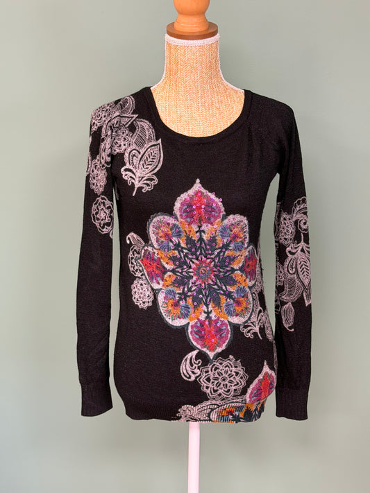 Pull Desigual noir motif mandala brodé - Taille M