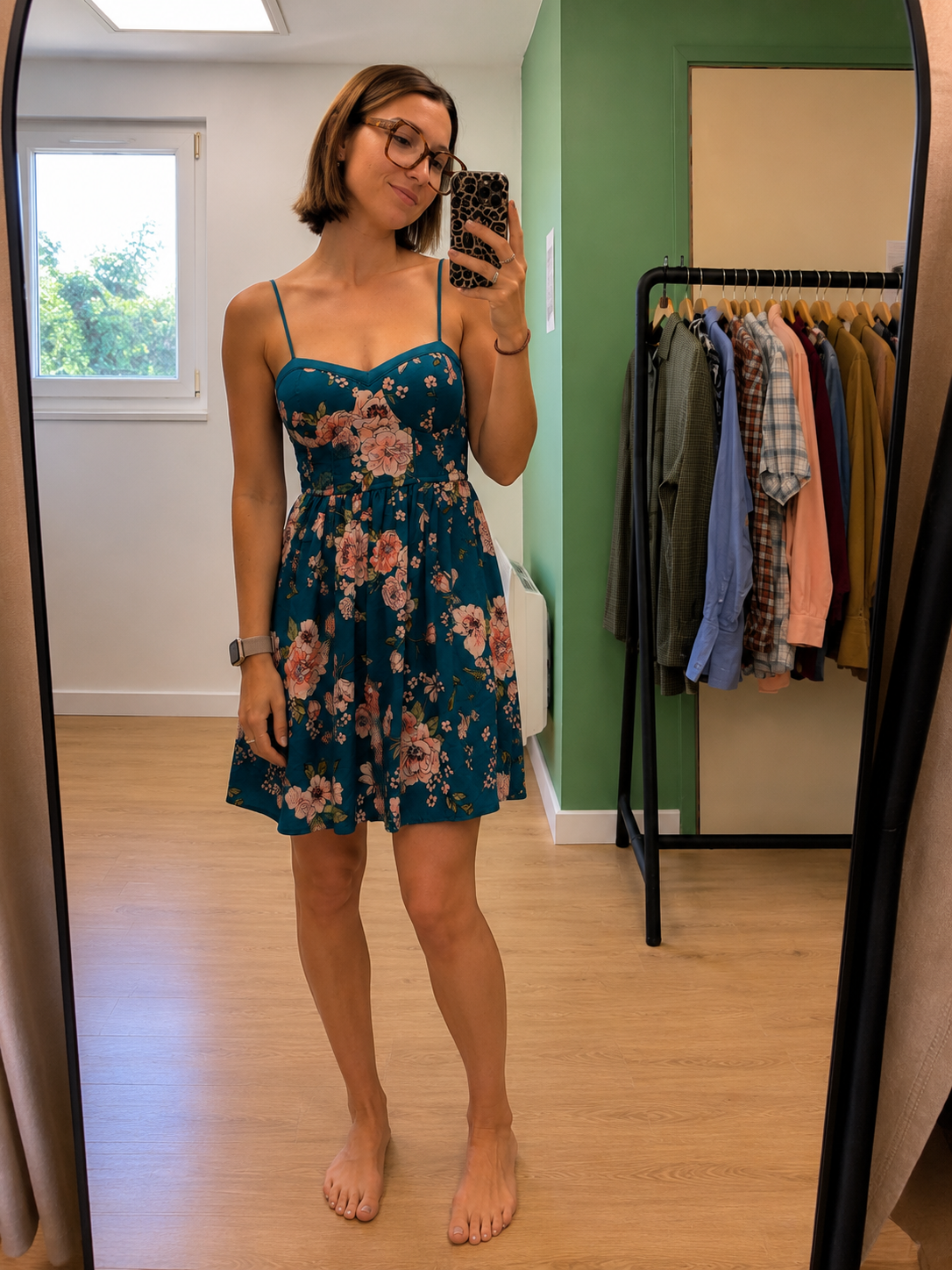 Robe fleurie turquoise à fines bretelles - Taille XS