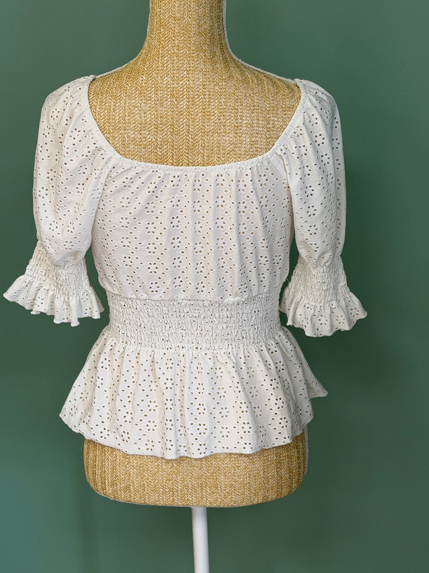Blouse blanche en broderie anglaise à smocks femme S