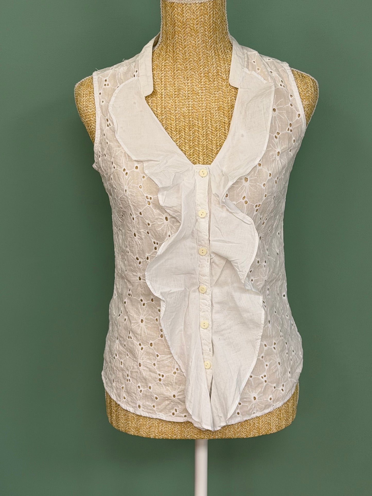 Chemisier sans manches à volant en broderie anglaise blanc – Taille M