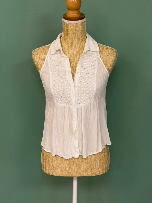 Top blanc sans manches broderie anglaise femme col chemise