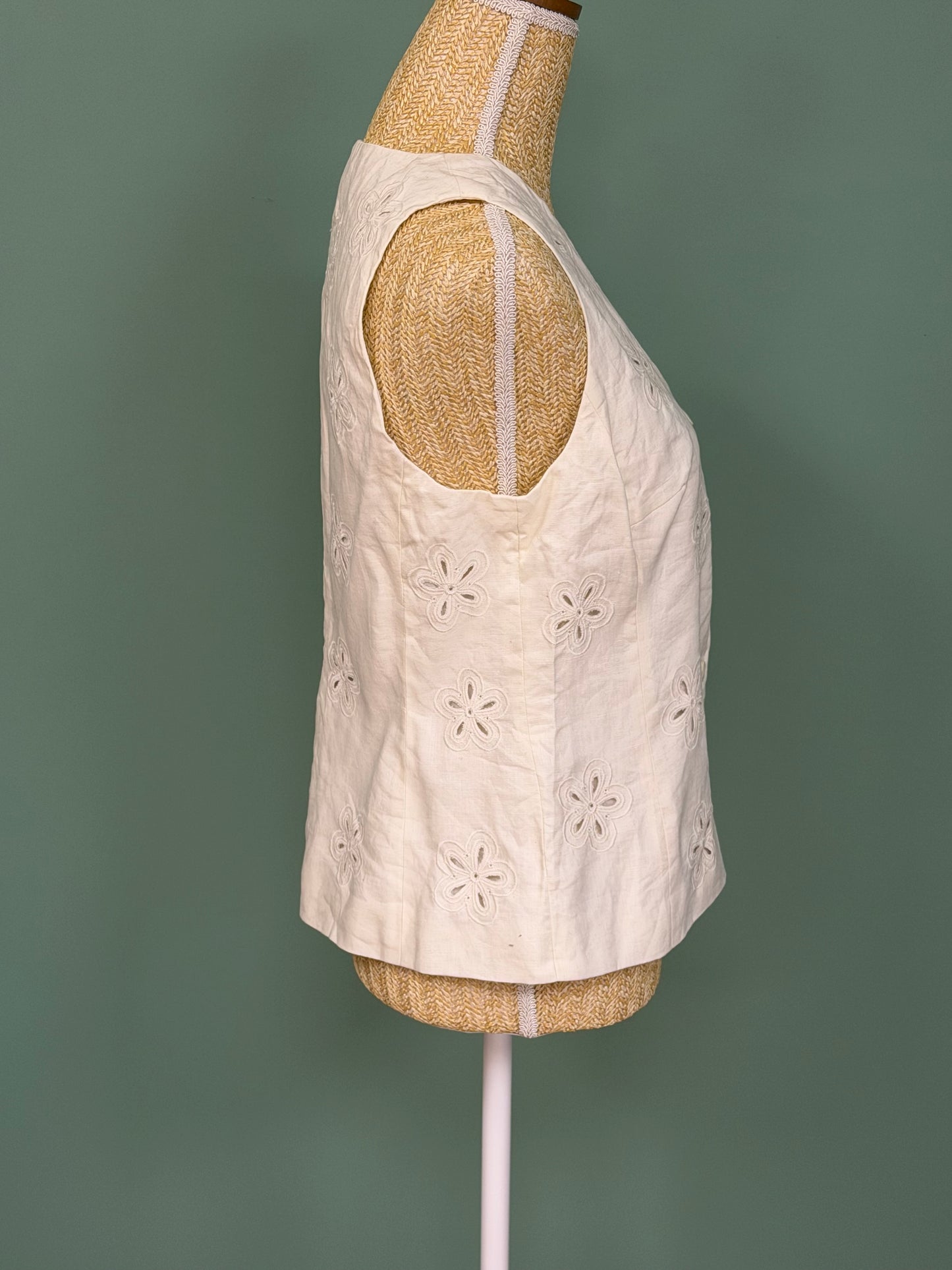 Débardeur en lin mélangé blanc cassé brodé à fleurs – Taille M