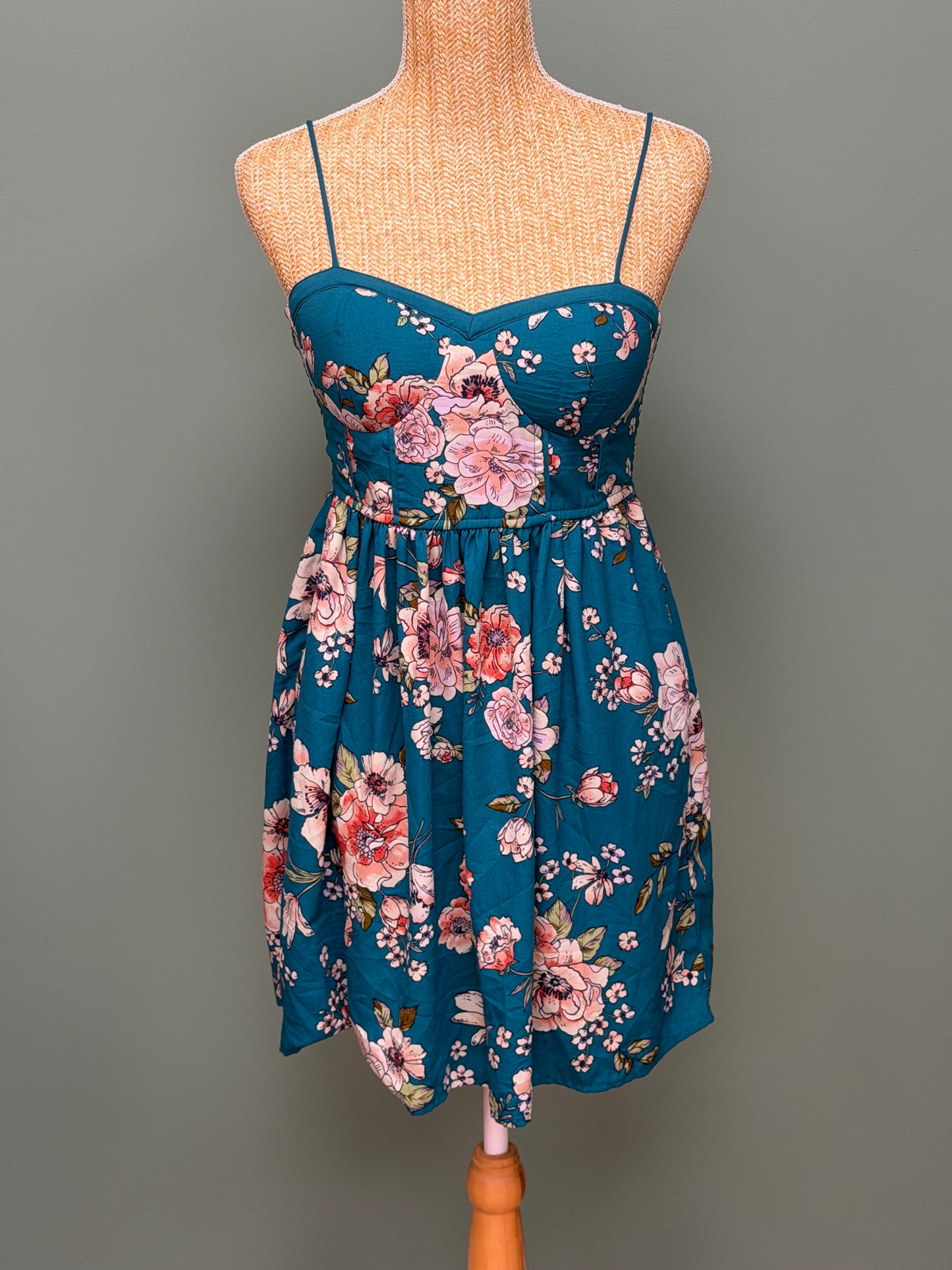 Robe fleurie turquoise à fines bretelles - Taille XS