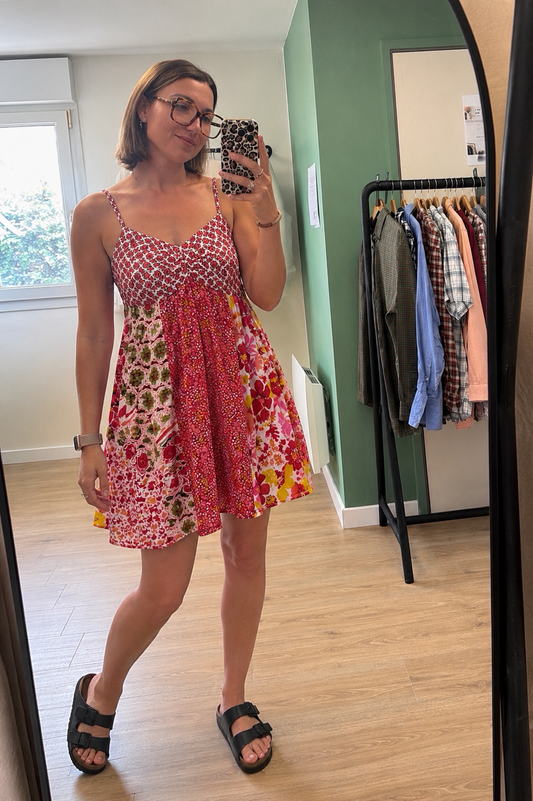 Robe bohème patchwork multicolore à fines bretelles  - Taille M
