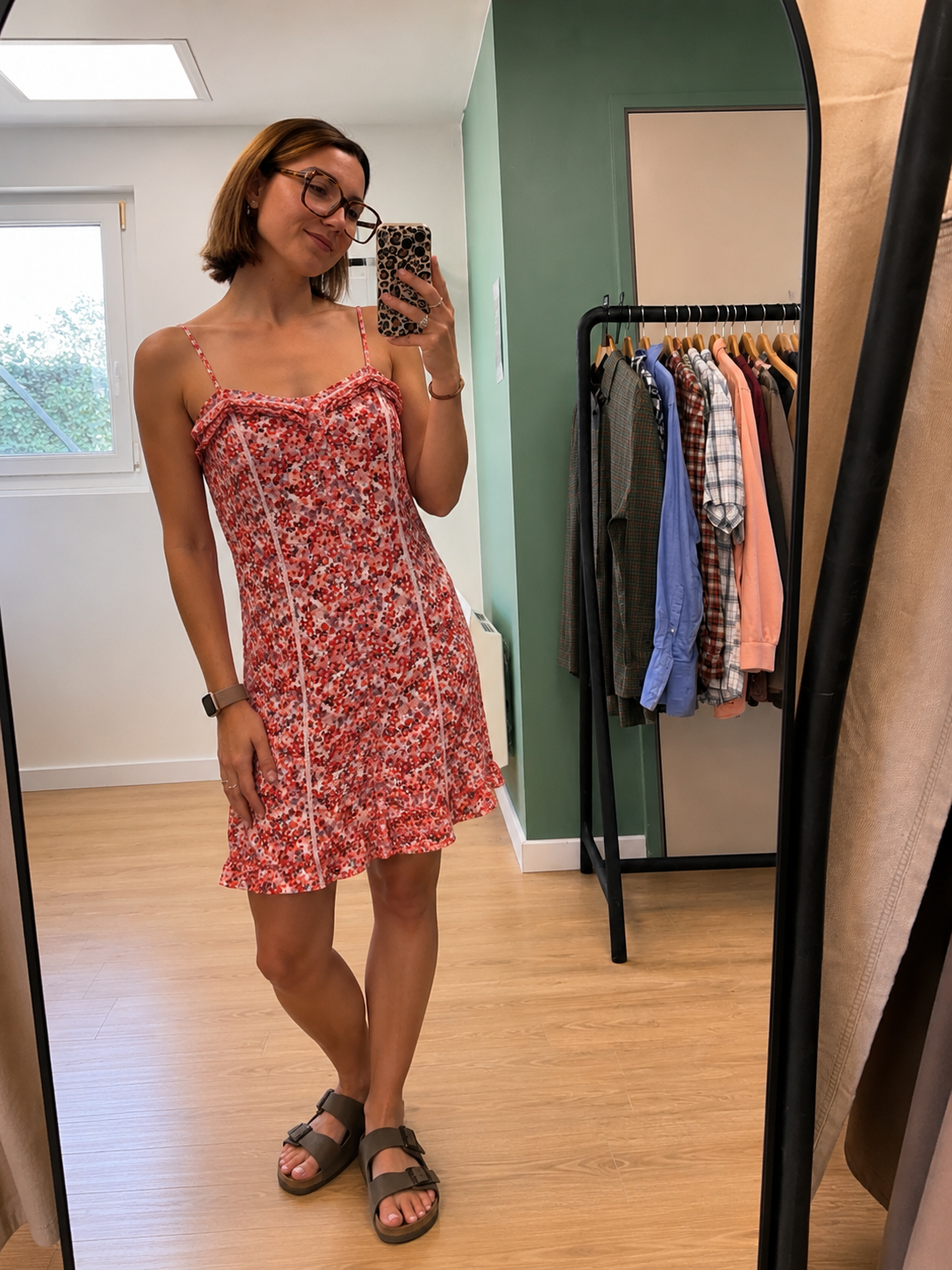 Robe fluide fleurie rouge & rose à fines bretelles - Taille M