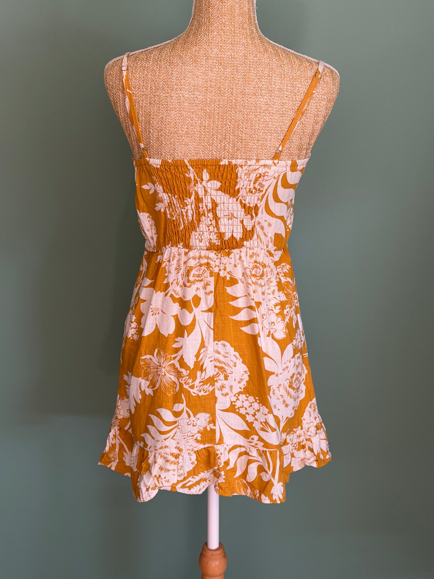 Robe jaune moutarde à fleurs blanches – Taille XS