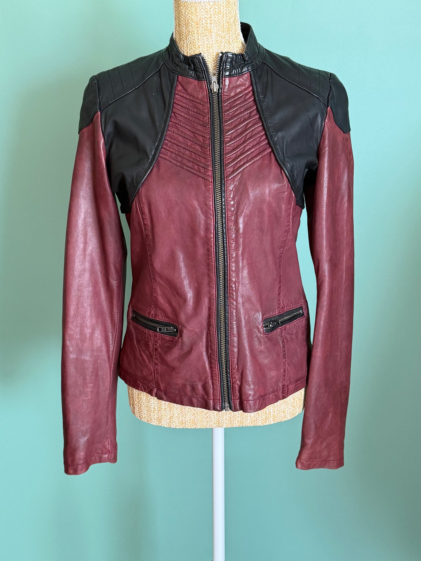 Veste en cuir IKKS bordeaux & noir