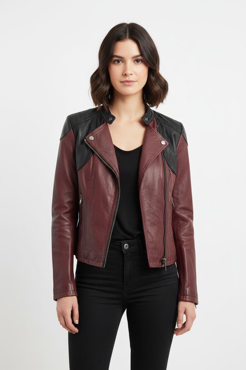 Veste en cuir IKKS bordeaux & noir