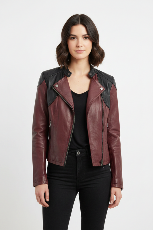 Veste en cuir IKKS bordeaux & noir