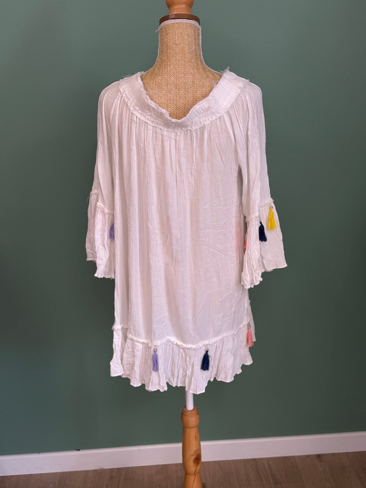 Blouse bohème blanche à pompons femme XL