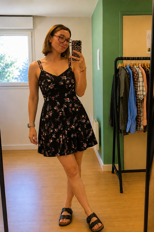 Robe noire fleurie à bretelles – taille XS