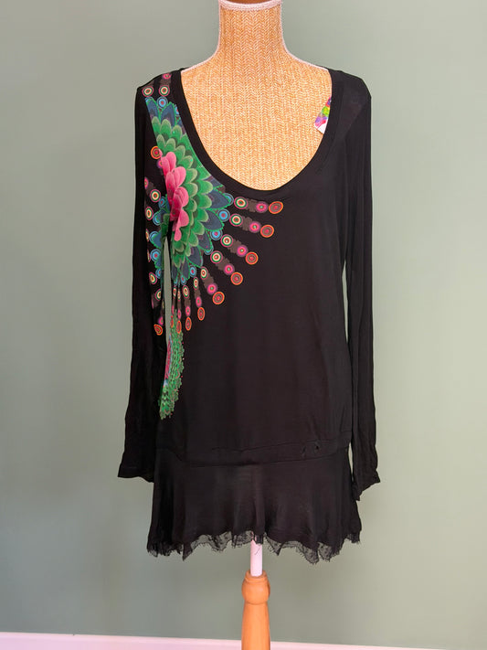 Tunique / Robe Desigual noire imprimé paon - Taille XXL