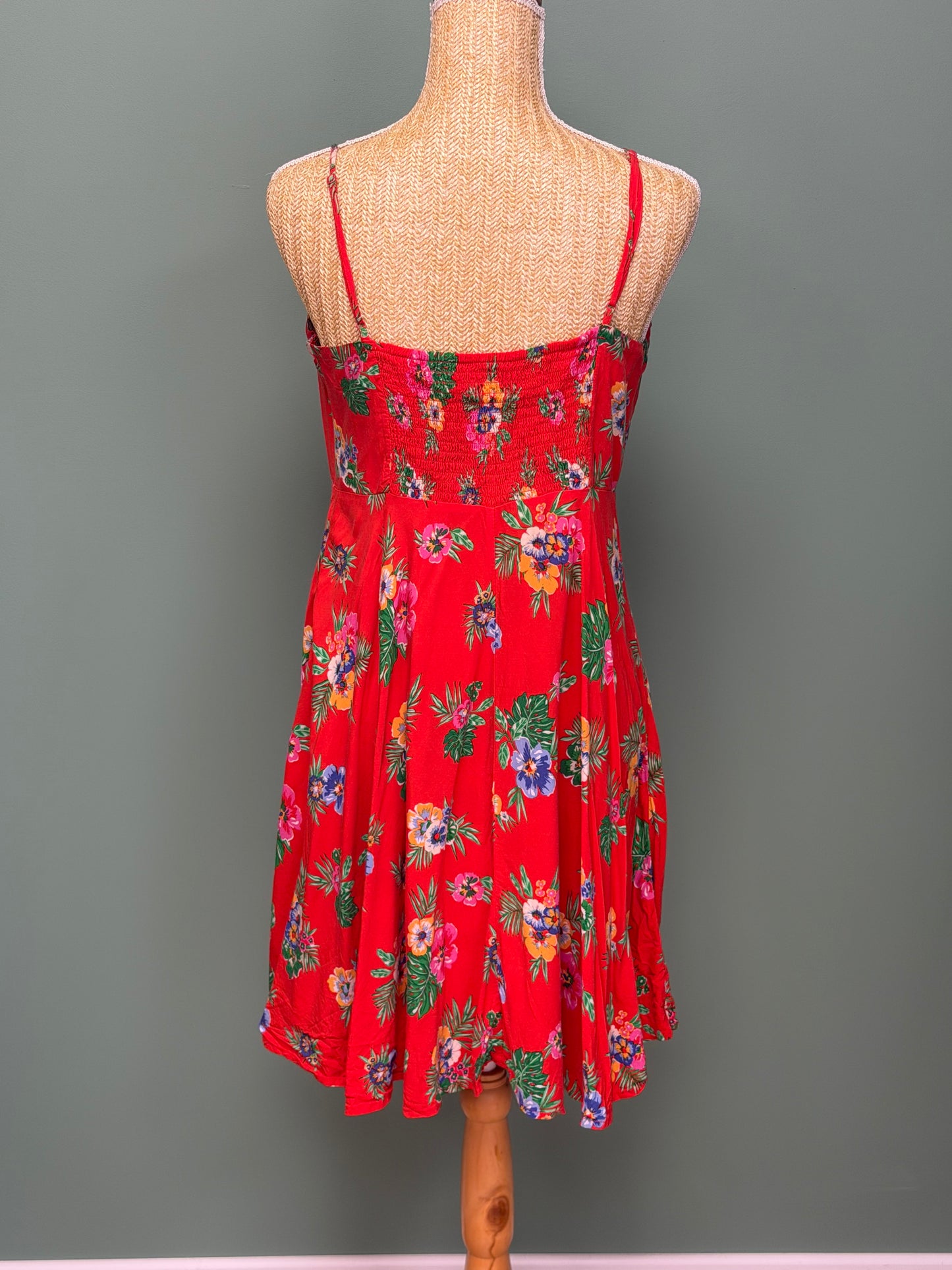 Robe Fleurie Rouge Tropicale – Bretelles Fines & Dos Smocké - Taille M