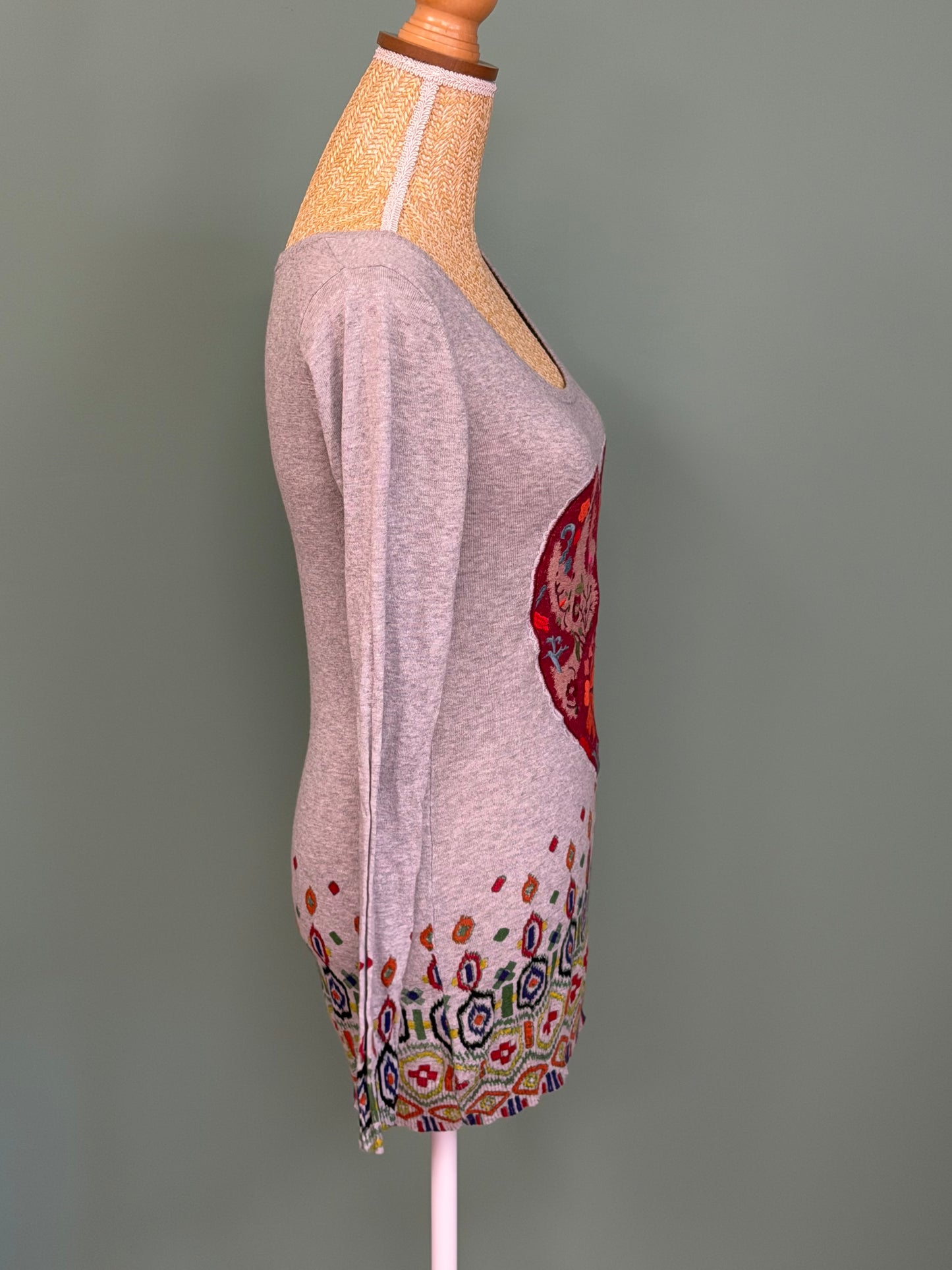 Pull Long Desigual gris chiné motif cœur fleuri - Taille M