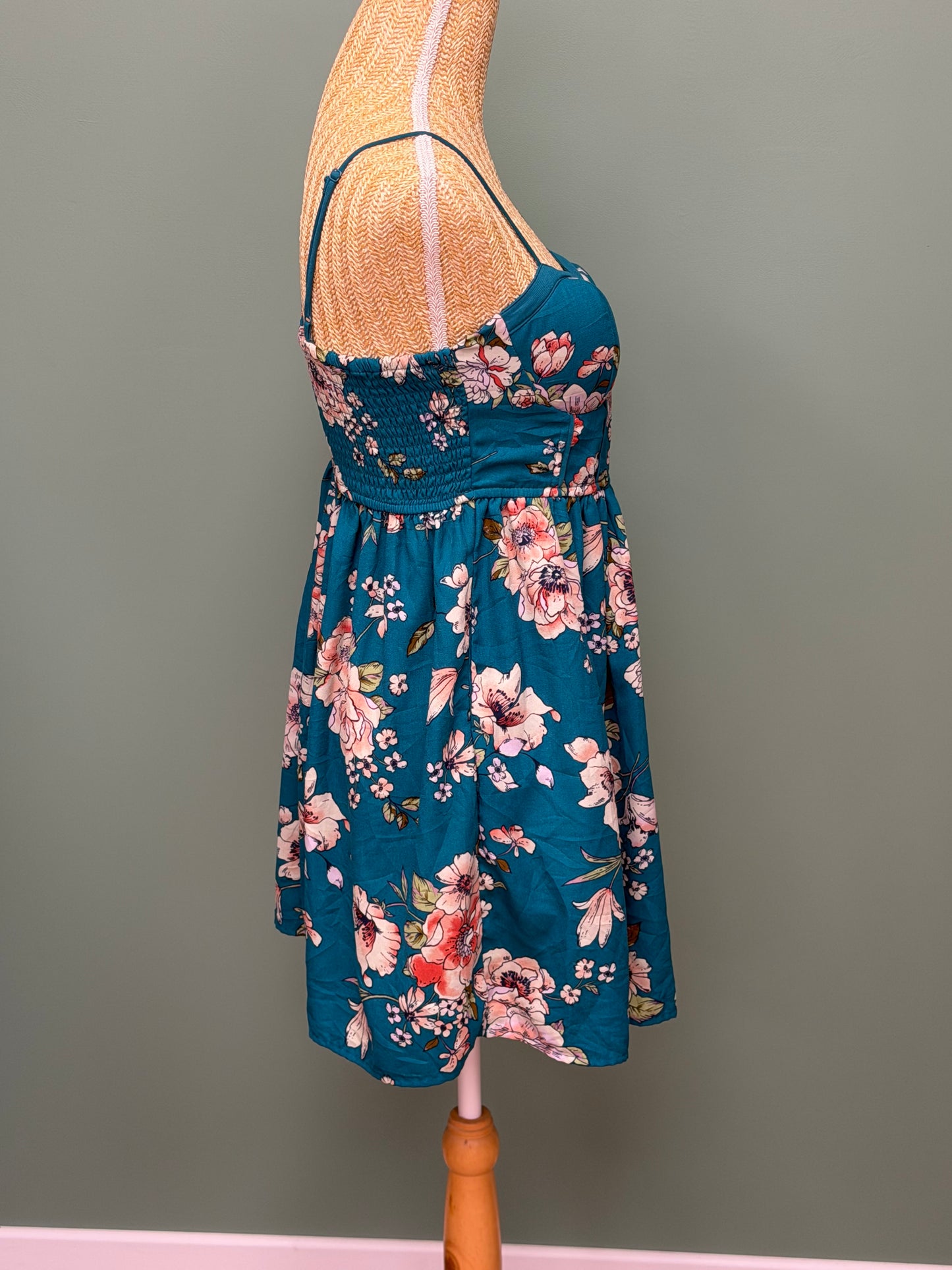 Robe fleurie turquoise à fines bretelles - Taille XS