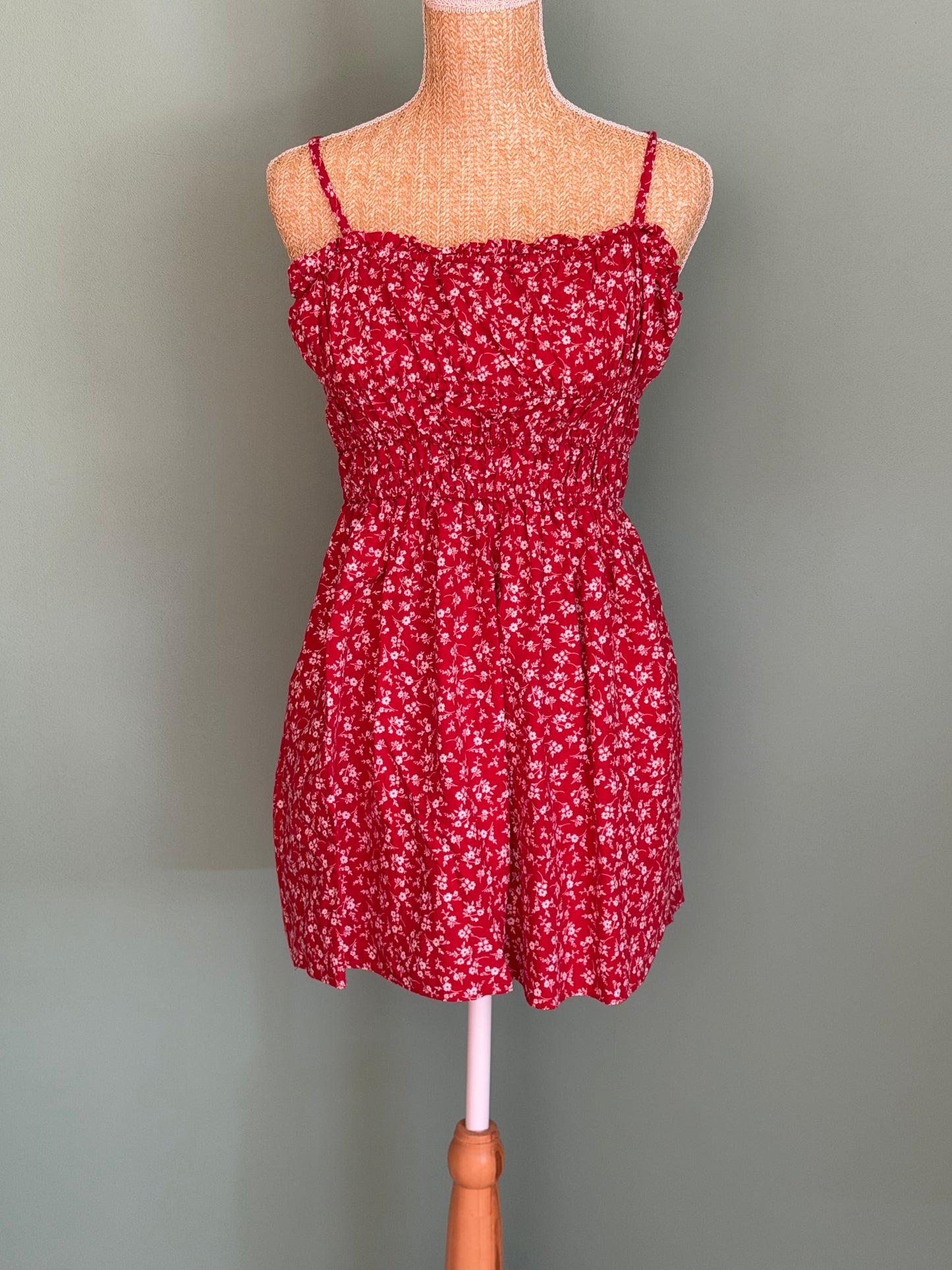 Robe rouge fleurie à bretelles – coton & lin – taille S