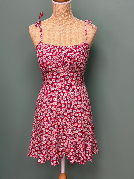 Robe fleurie rouge à bretelles nouées - Taille M