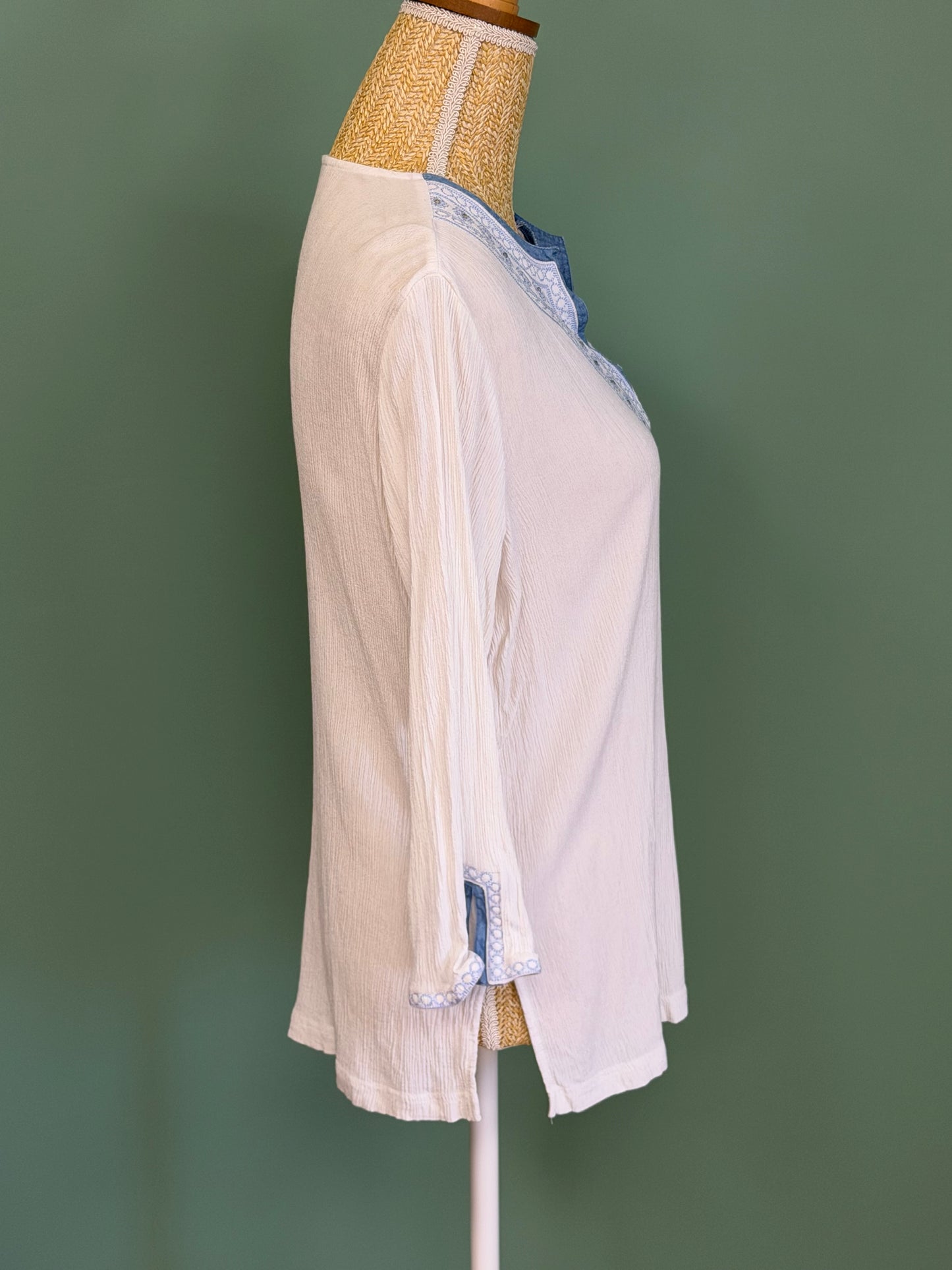 Blouse blanche brodée bleu style bohème femme L