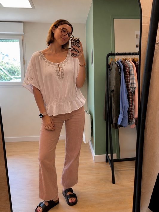 Blouse bohème blanche brodée en coton à taille élastiquée – Taille XL