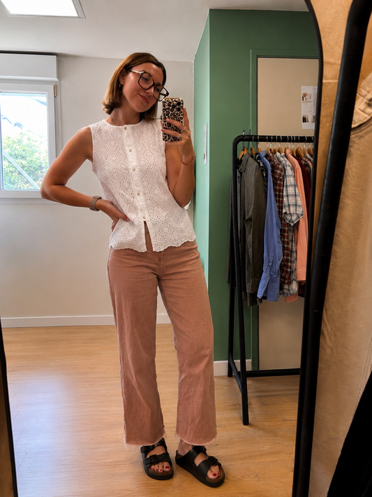 Blouse sans manches en broderie anglaise blanche – Taille L