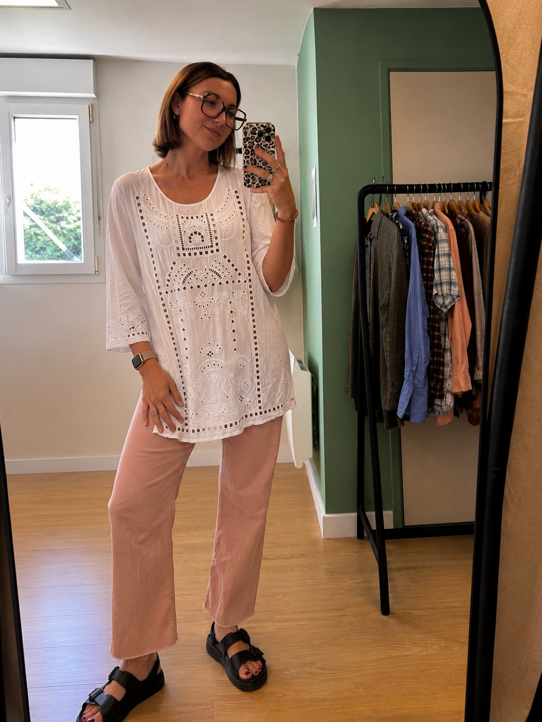 Tunique blanche brodée en rayonne à manches 3/4 – Taille XL