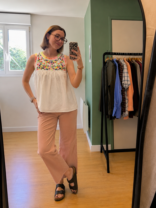 Débardeur en lin et coton brodé multicolore blanc – Taille L