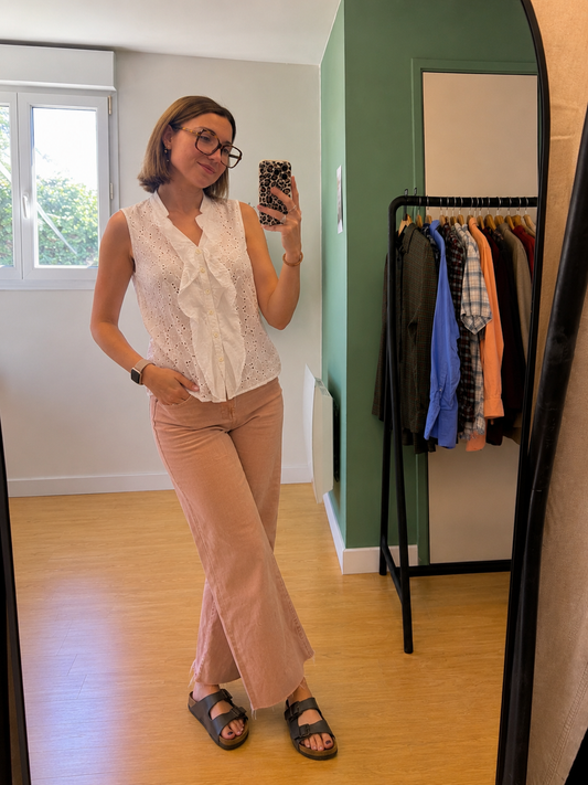 Chemisier sans manches à volant en broderie anglaise blanc – Taille M