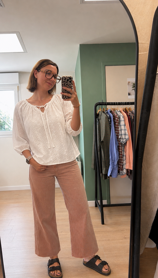 Blouse bohème blanche en coton à manches 3/4 – Taille L