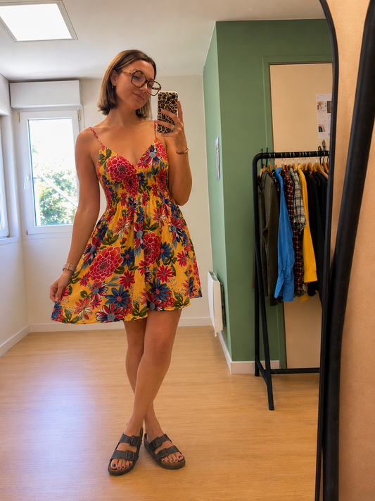 Robe fleurie jaune femme en coton taille S