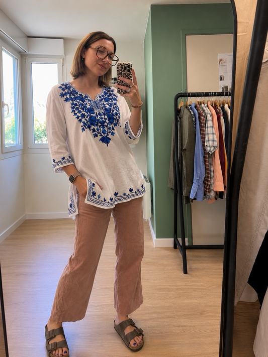Tunique blanche brodée bleue femme taille L