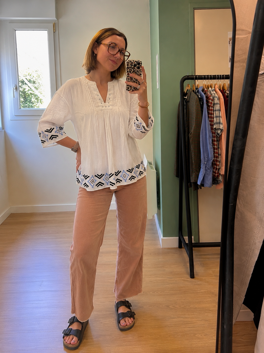 Blouse bohème blanche brodée femme manches 3/4 taille XL