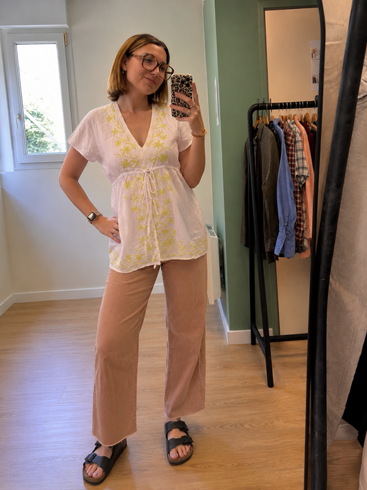 Tunique blanche brodée fleurs jaunes en coton femme M