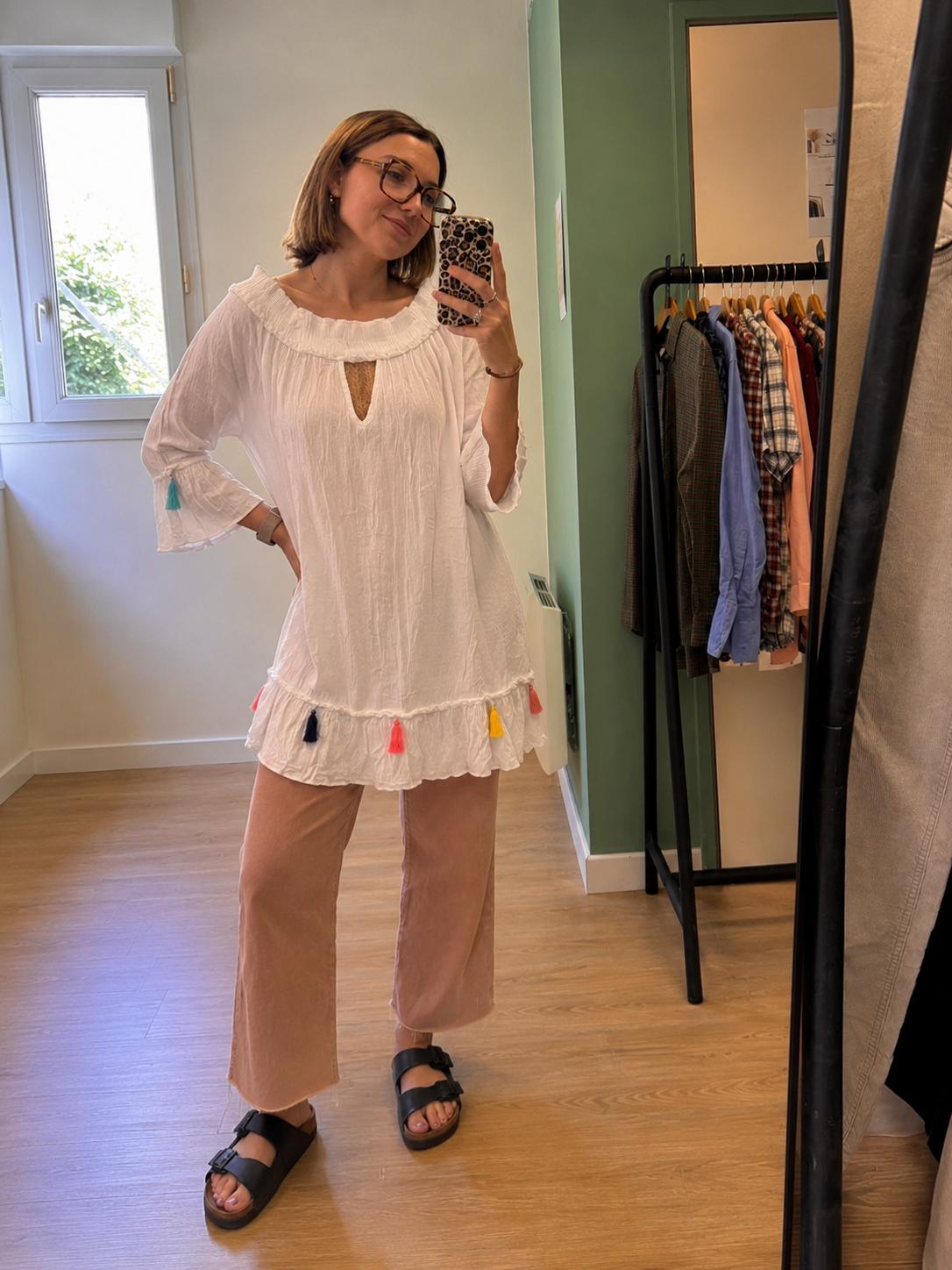 Blouse bohème blanche à pompons femme XL