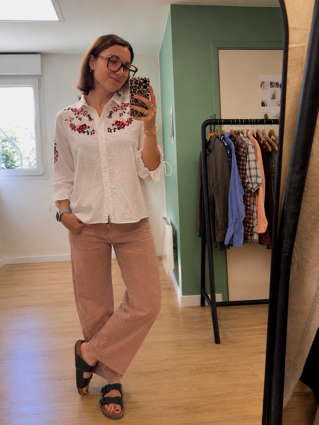 Chemisier blanc brodé fleuri manches 3/4 H&M femme L
