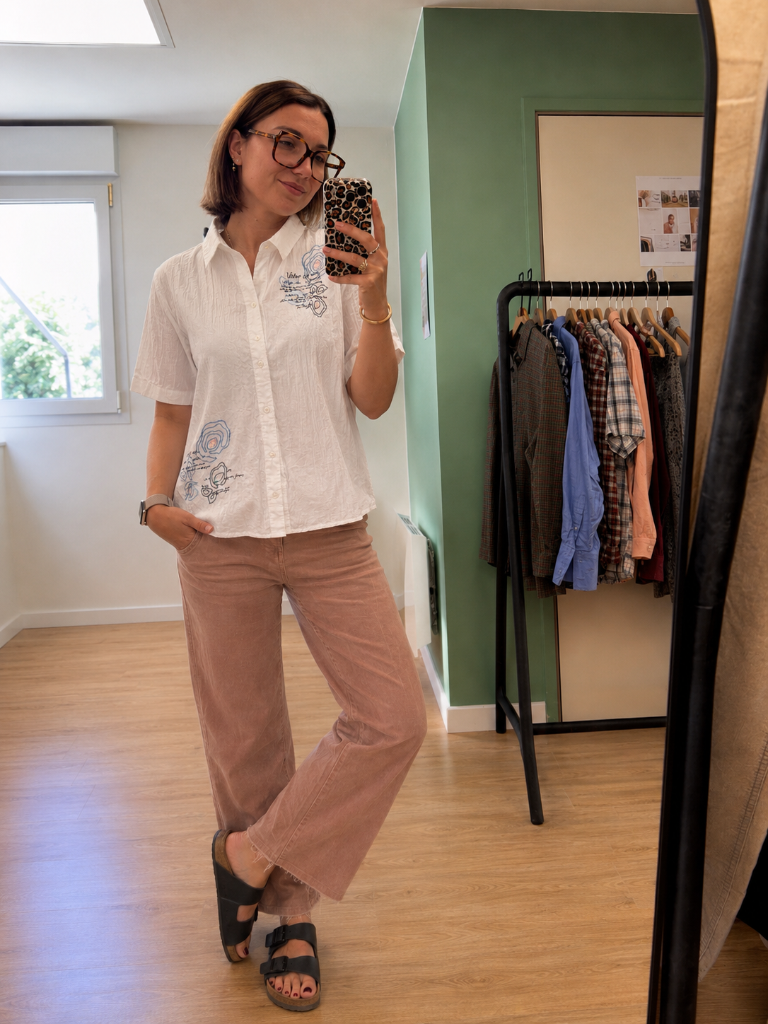 Chemisier blanc brodé manches courtes femme XL