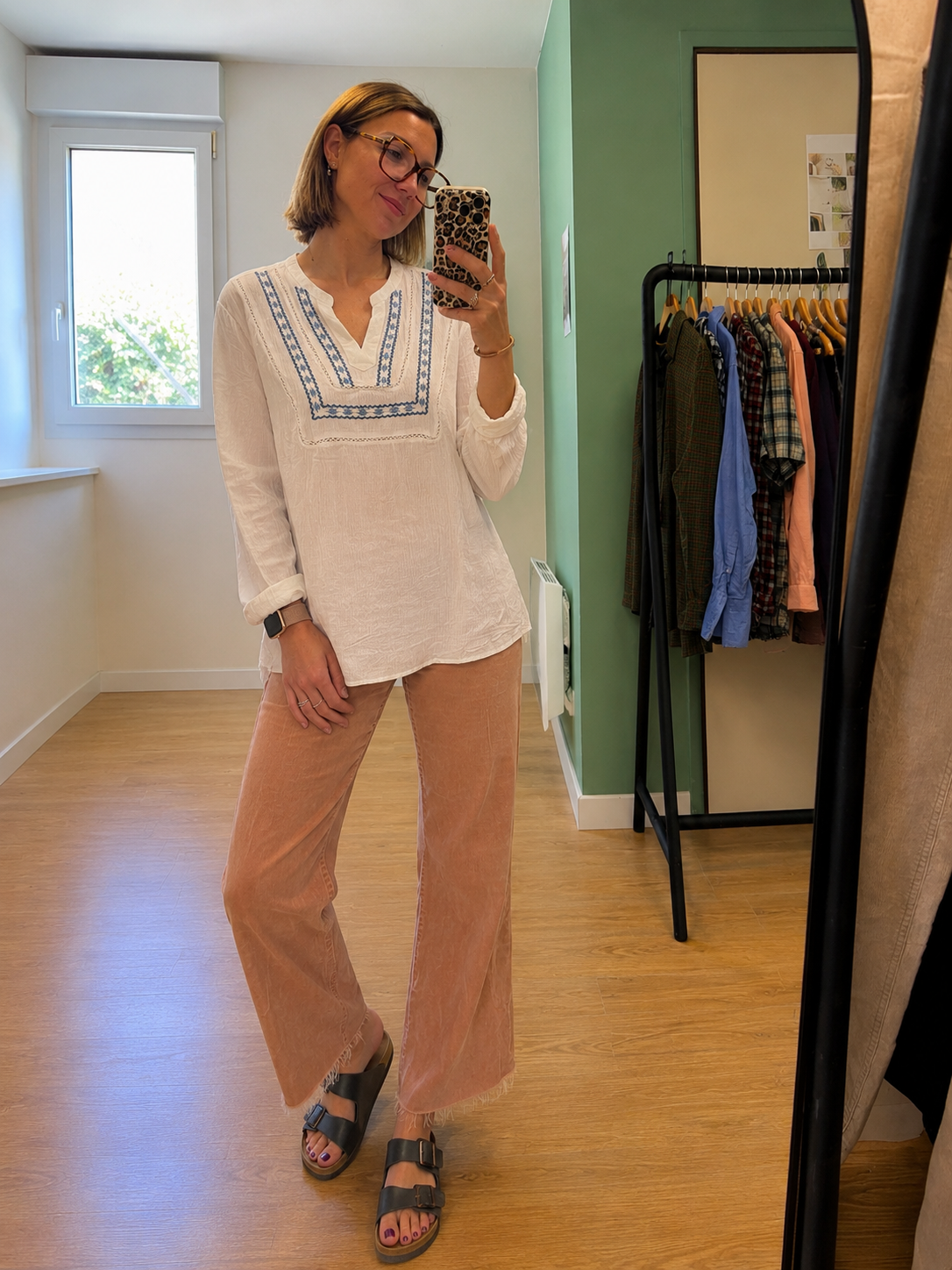 Blouse blanche brodée manches longues femme M