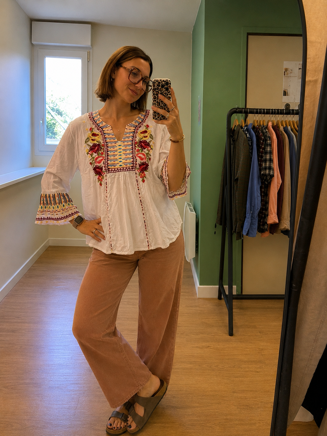 Blouse blanche brodée bohème manches 3/4 femme M