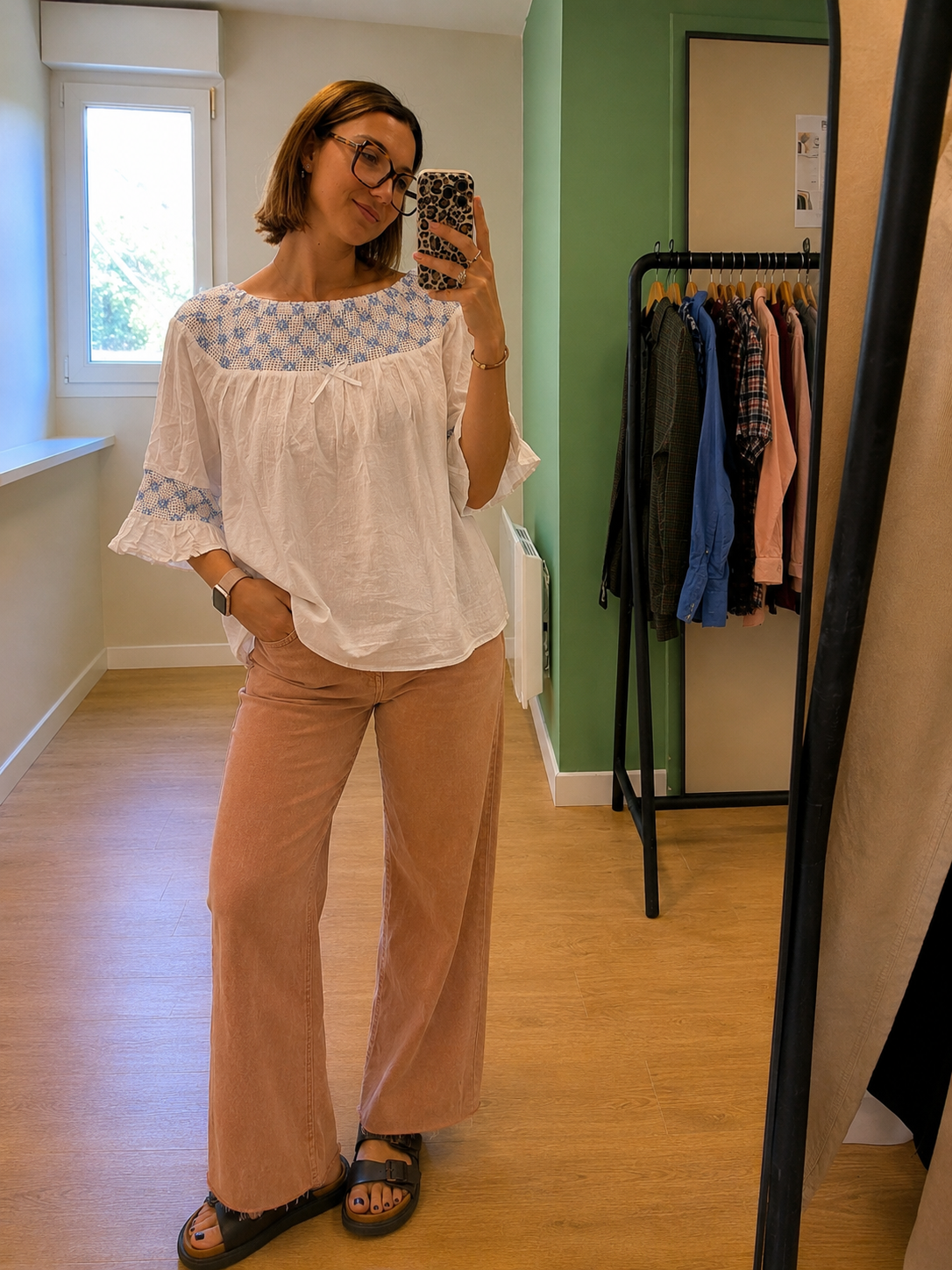 Blouse blanche brodée bleu style bohème femme L