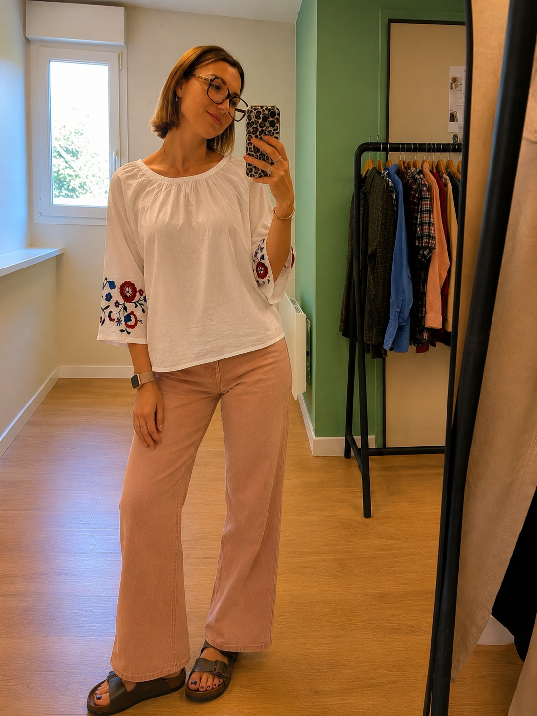 Blouse blanche brodée fleurs manches 3/4 femme M